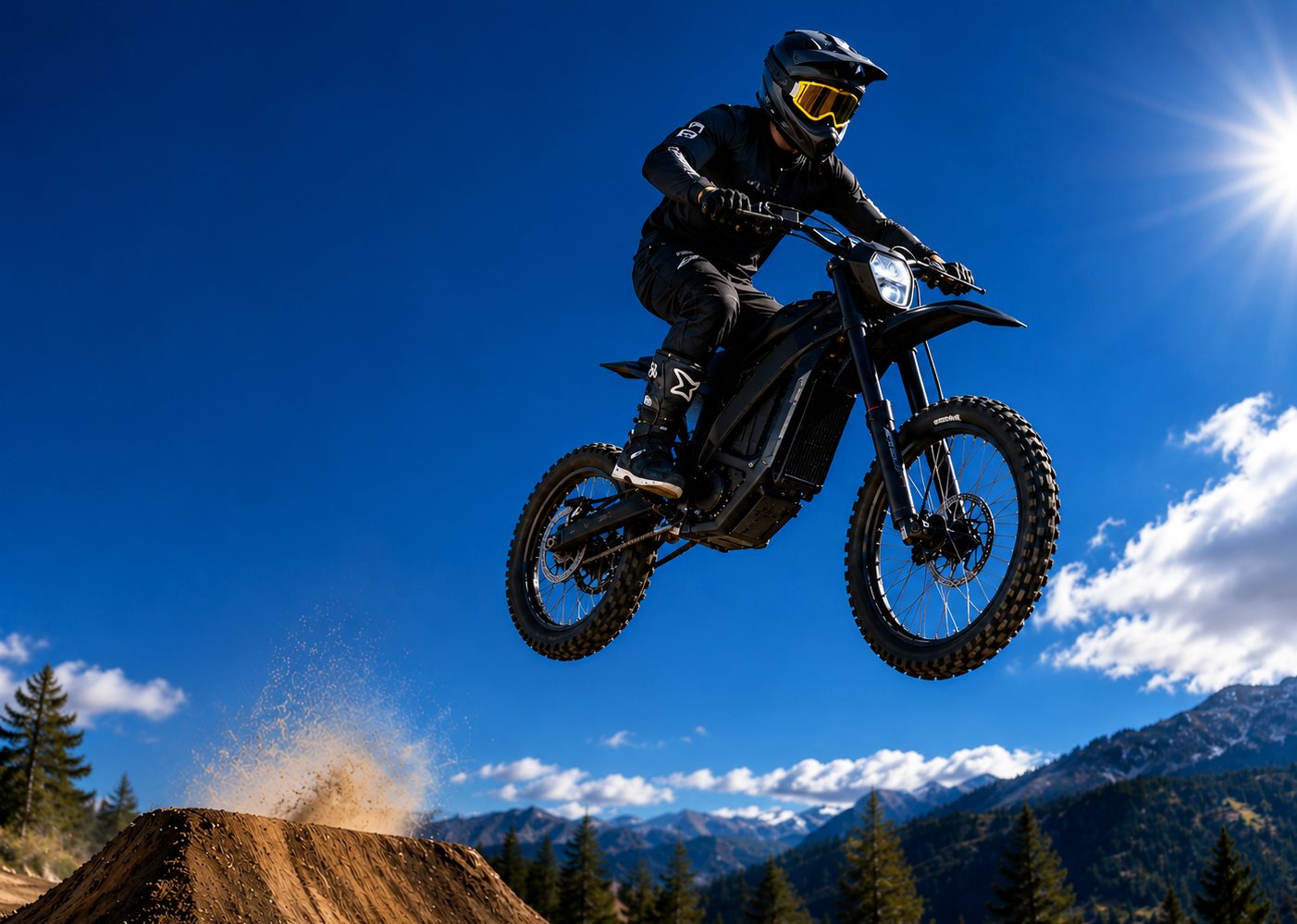 Rider catching air on a Sur-Ron electric off-road bike
